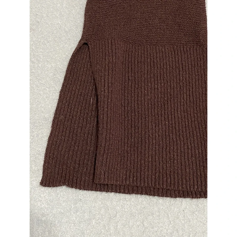 Free People XS Brown Lattice V-Neck Ribbed Knit‎ Tunic Sweater Bell Sleeve Slit